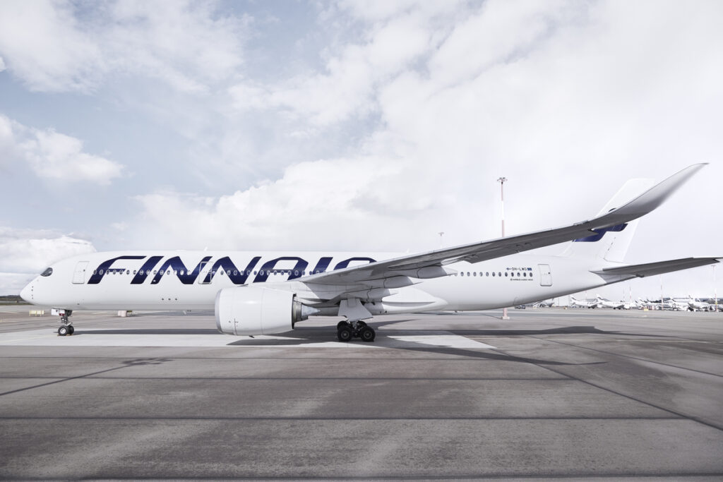 A Finnair A350 on the tarmac.