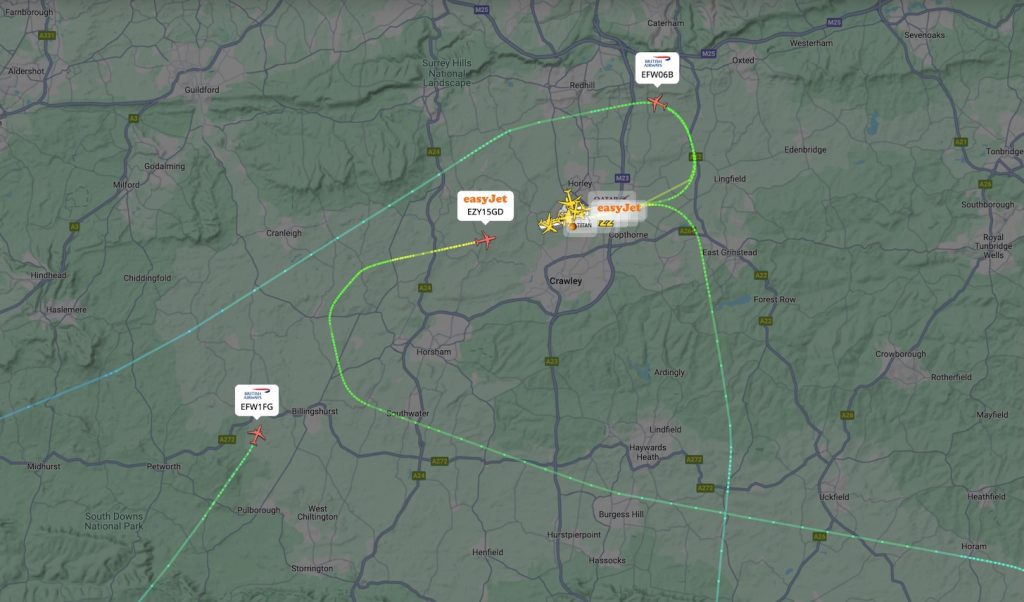 Aircraft departing and arriving at London Gatwick Airport