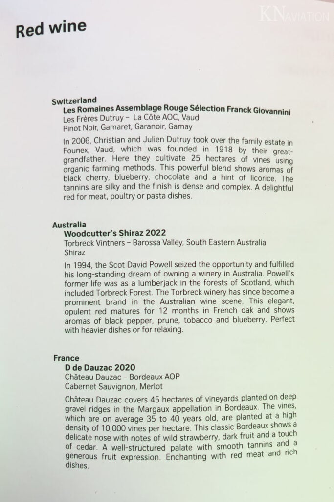 Swiss Long-Haul Business Class Drink Menu
