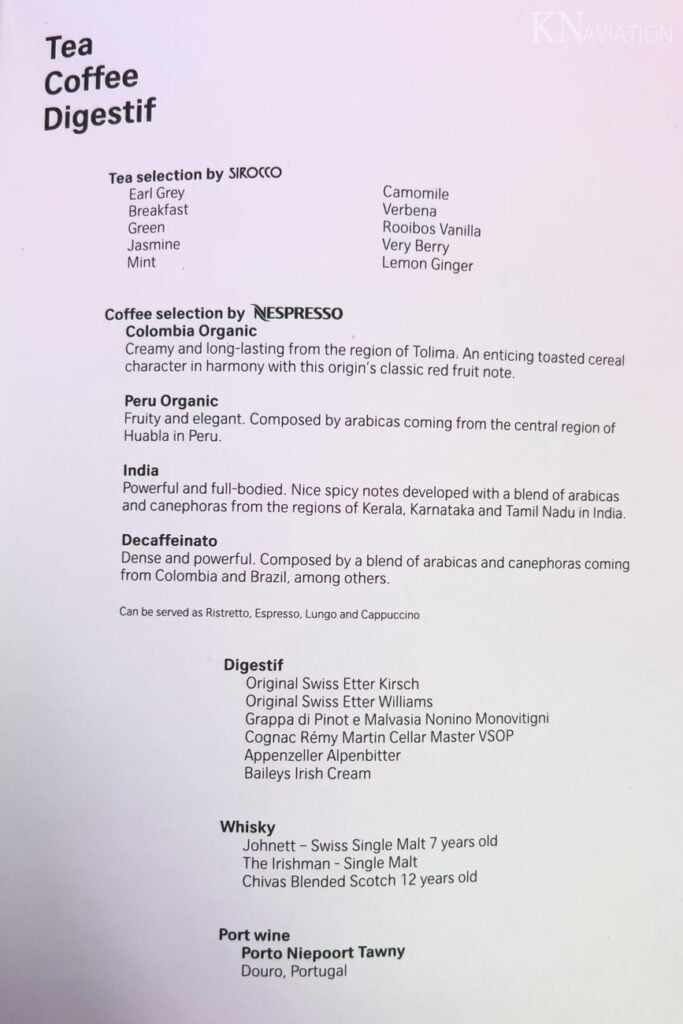 Swiss Long-Haul Business Class Drink Menu