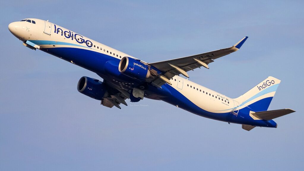 An IndiGo A321neo climbs after takeoff.