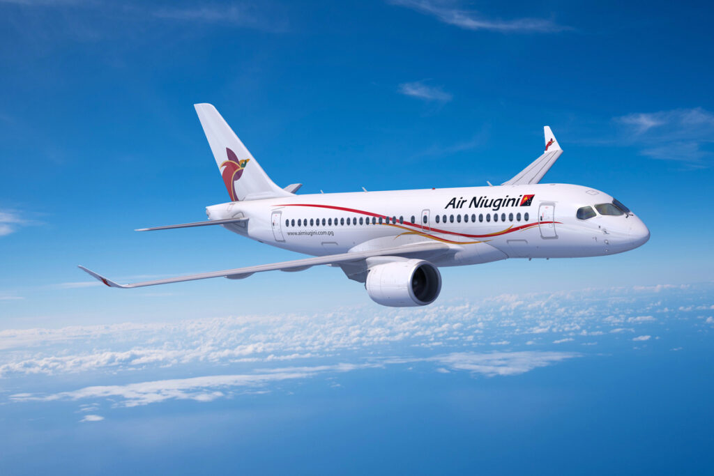 Render of an Air Niugini Airbus A220 in flight