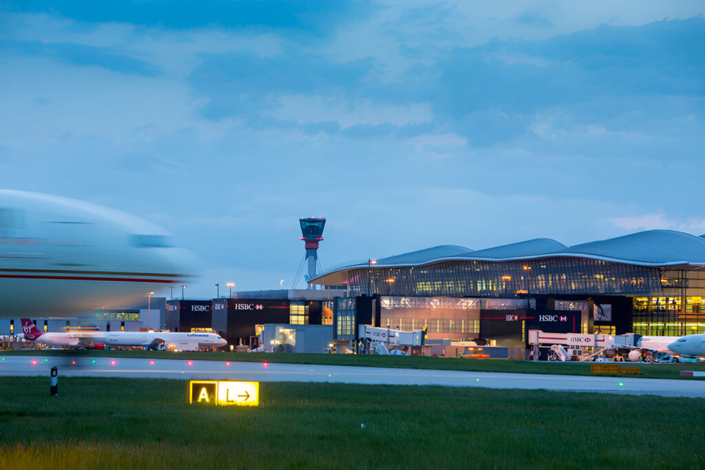 View across Heathrow Airport tarmac.